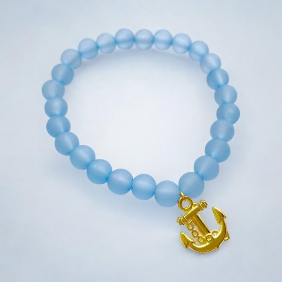 HANDMADE Blue frosted beaded bracelet with gold anchor charm - Picture 4 of 6